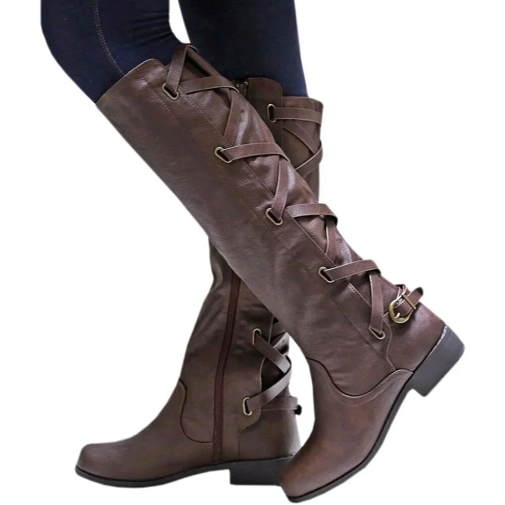 Womens Faux Leather Dark Brown Strappy Motorcycle Knee High Riding Lace Up Boot